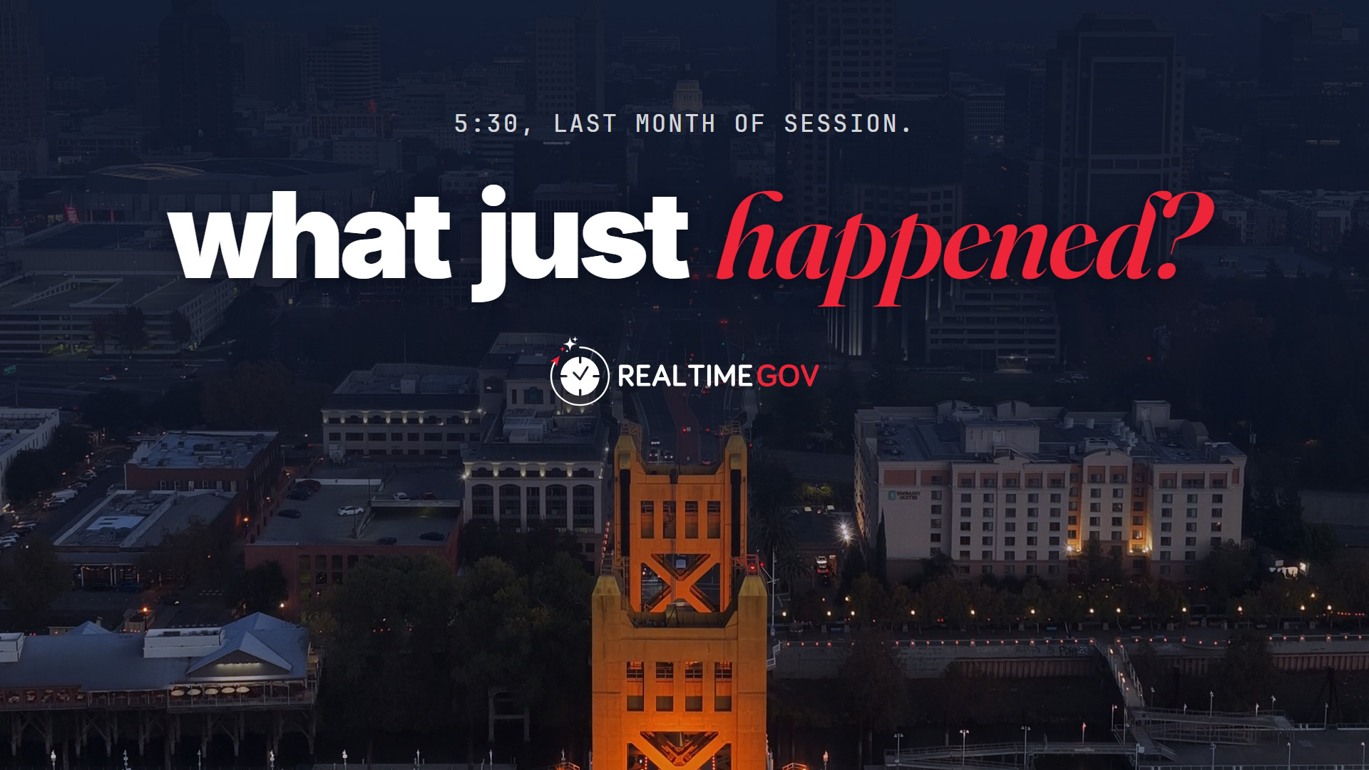 Sacramento at dusk from above the Tower Bridge: 5:30, last month of session. What just happened?